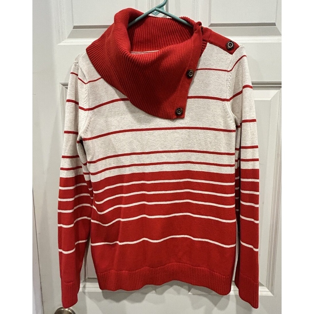 Banana Republic Orange Cream Striped Button Cowl Neck Cotton Sweater Womens M